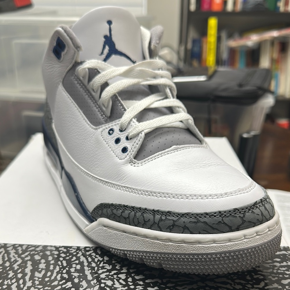 Air Jordan 3s Retro. White and Gray with Blue Accents